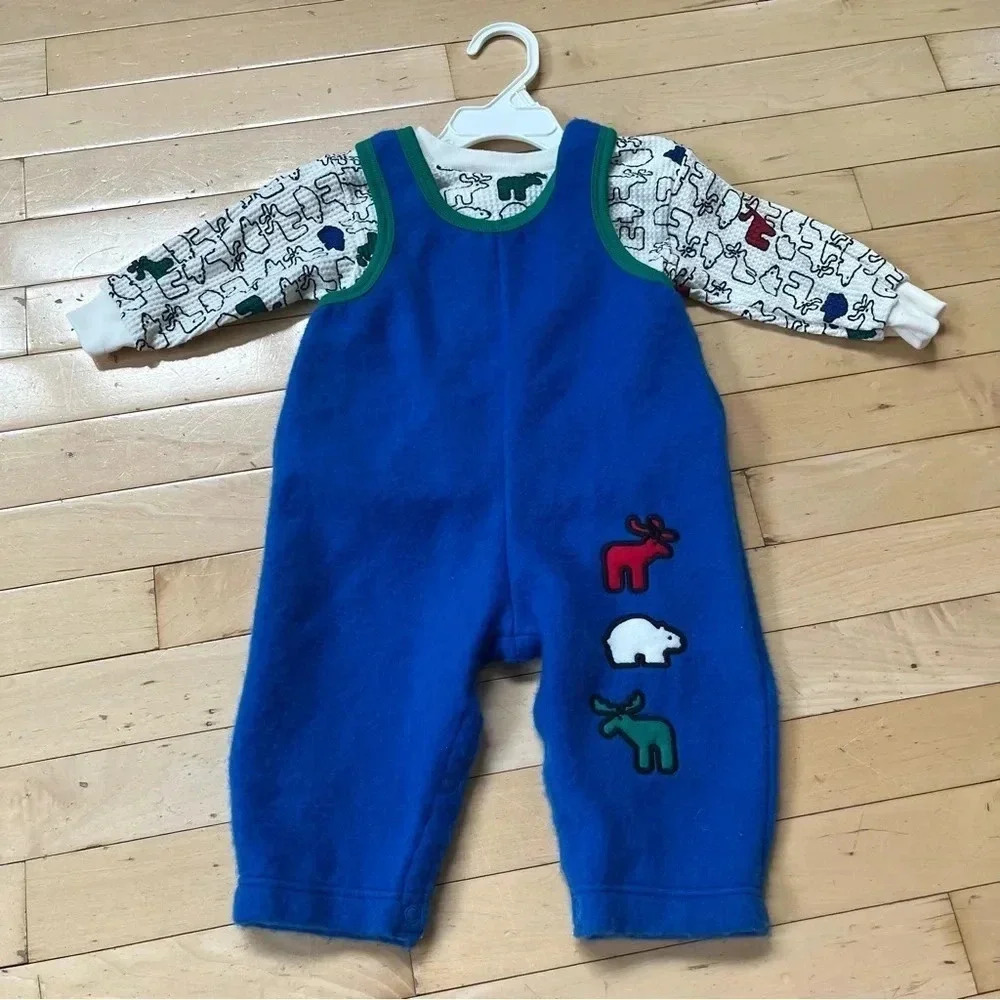VTG Carters Blue Fleece Overalls Set Long Sleeve Shirt Bear Moose Baby 9-12 M